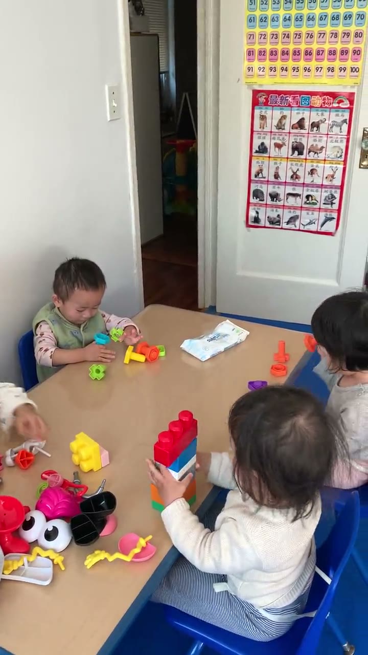 幼儿在桌边玩积木拼搭，旁边是中文识物挂图